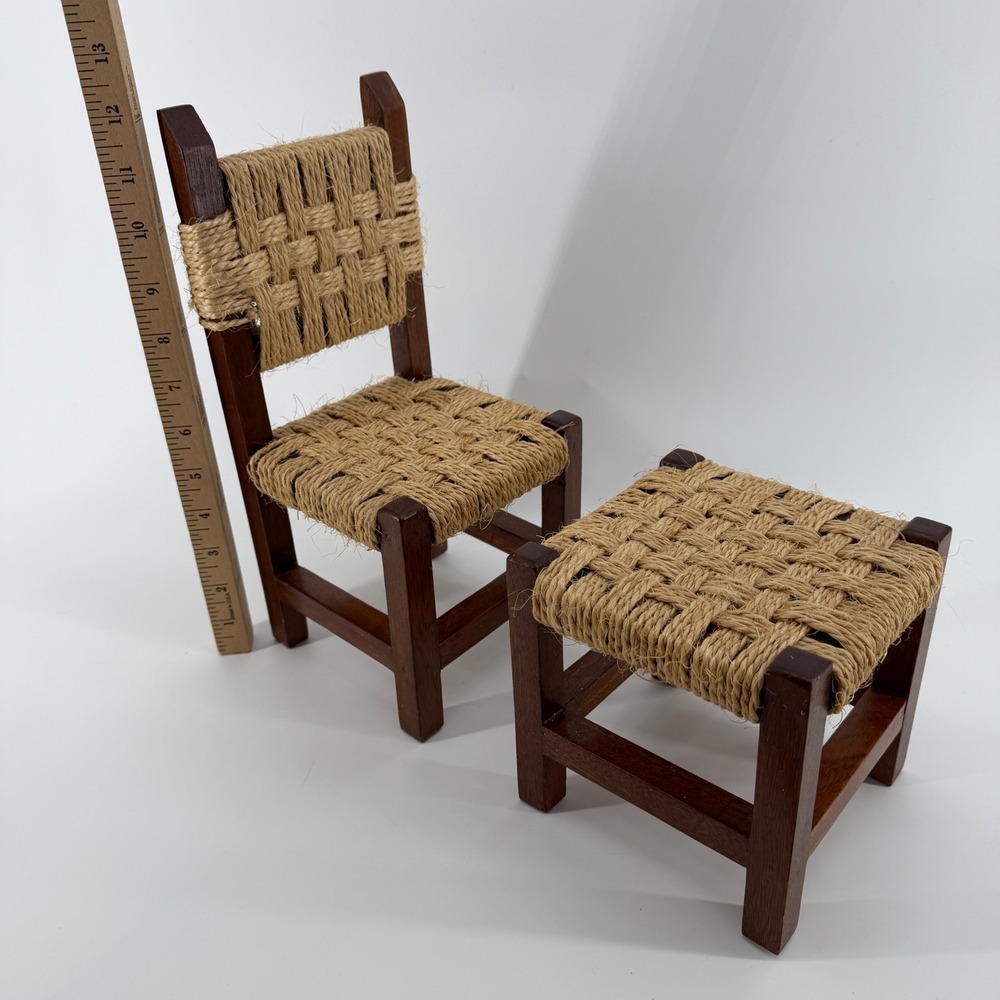 Vintage Miniature Wood Woven Rush Chair and Stool Set Rustic Dollhouse Decor